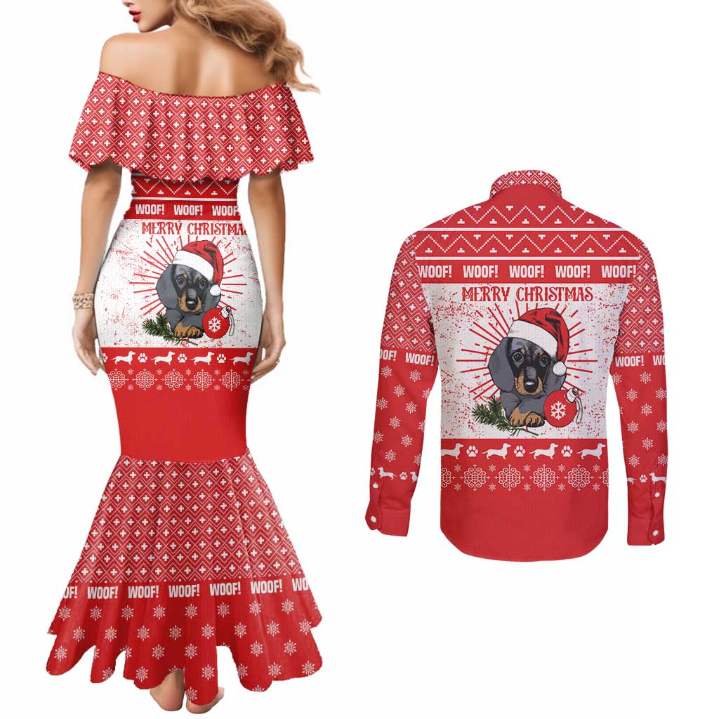 Christmas Dachshund Dog Couples Matching Mermaid Dress and Long Sleeve Button Shirt Santa Hat Woof Snowflake Paw Design - Wonder Print Shop