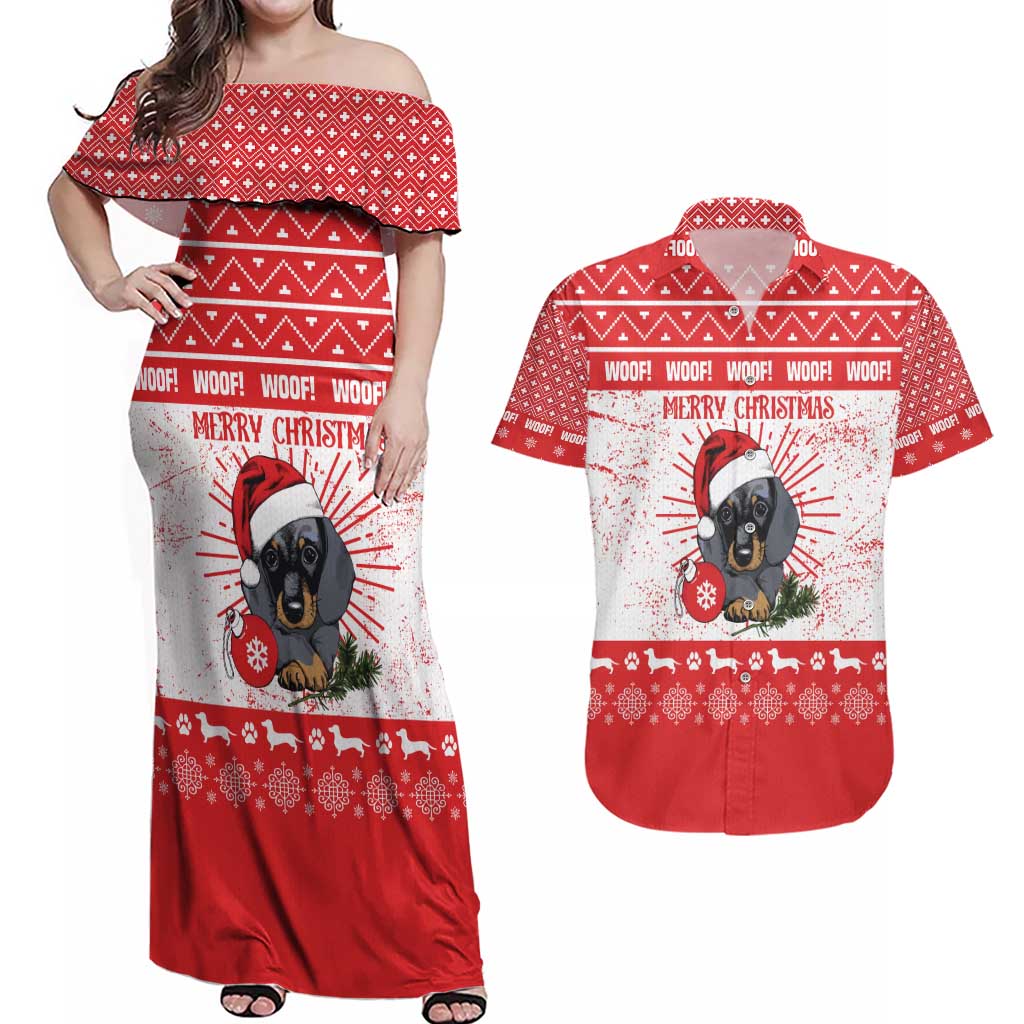 Christmas Dachshund Dog Couples Matching Off Shoulder Maxi Dress and Hawaiian Shirt Santa Hat Woof Snowflake Paw Design - Wonder Print Shop