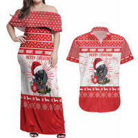 Christmas Dachshund Dog Couples Matching Off Shoulder Maxi Dress and Hawaiian Shirt Santa Hat Woof Snowflake Paw Design - Wonder Print Shop