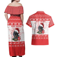 Christmas Dachshund Dog Couples Matching Off Shoulder Maxi Dress and Hawaiian Shirt Santa Hat Woof Snowflake Paw Design - Wonder Print Shop