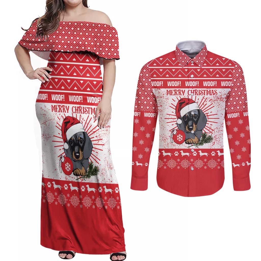 Christmas Dachshund Dog Couples Matching Off Shoulder Maxi Dress and Long Sleeve Button Shirt Santa Hat Woof Snowflake Paw Design - Wonder Print Shop