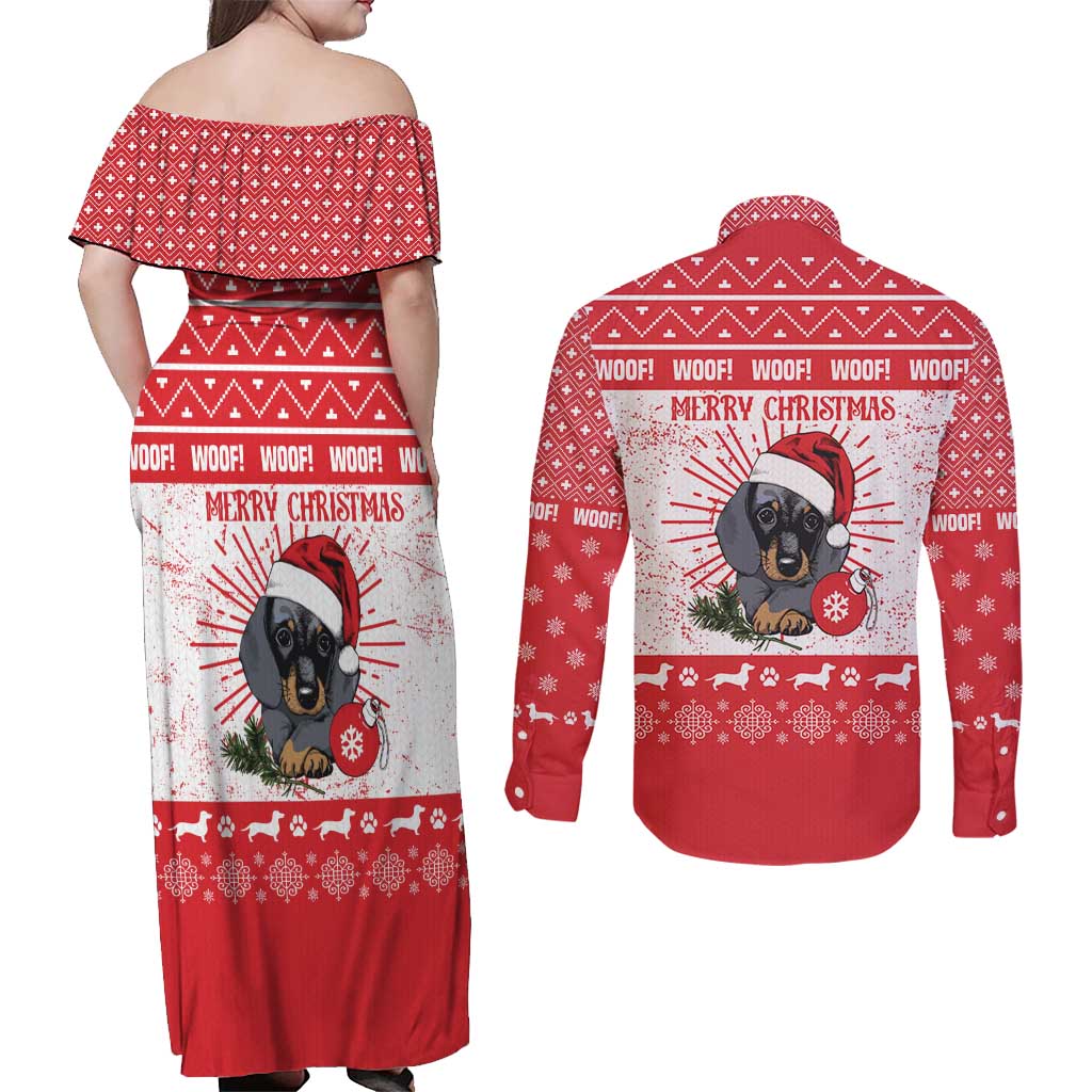 Christmas Dachshund Dog Couples Matching Off Shoulder Maxi Dress and Long Sleeve Button Shirt Santa Hat Woof Snowflake Paw Design - Wonder Print Shop