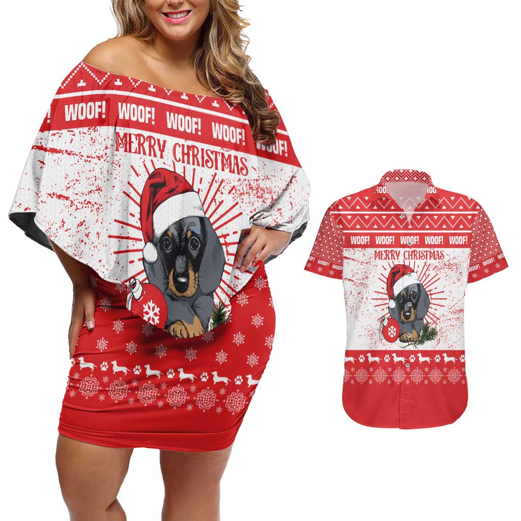 Christmas Dachshund Dog Couples Matching Off Shoulder Short Dress and Hawaiian Shirt Santa Hat Woof Snowflake Paw Design - Wonder Print Shop