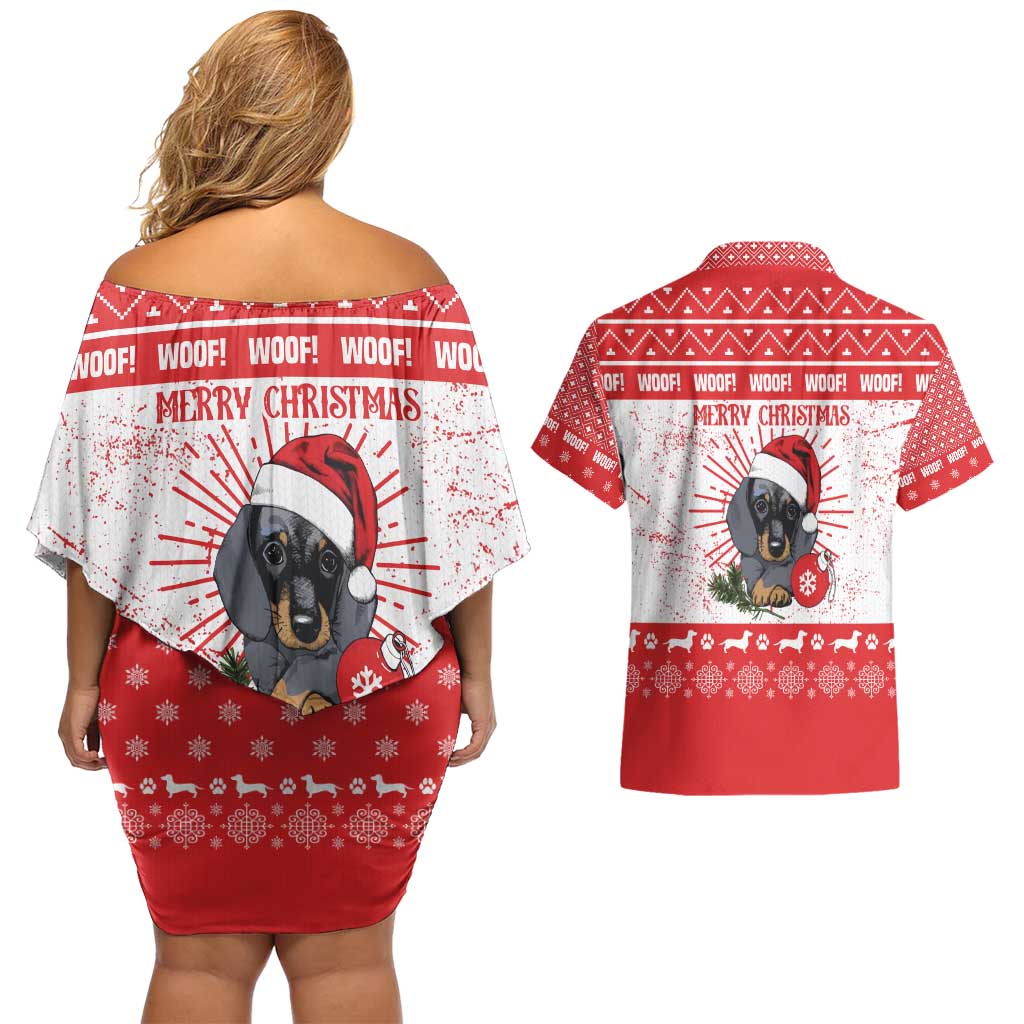 Christmas Dachshund Dog Couples Matching Off Shoulder Short Dress and Hawaiian Shirt Santa Hat Woof Snowflake Paw Design - Wonder Print Shop