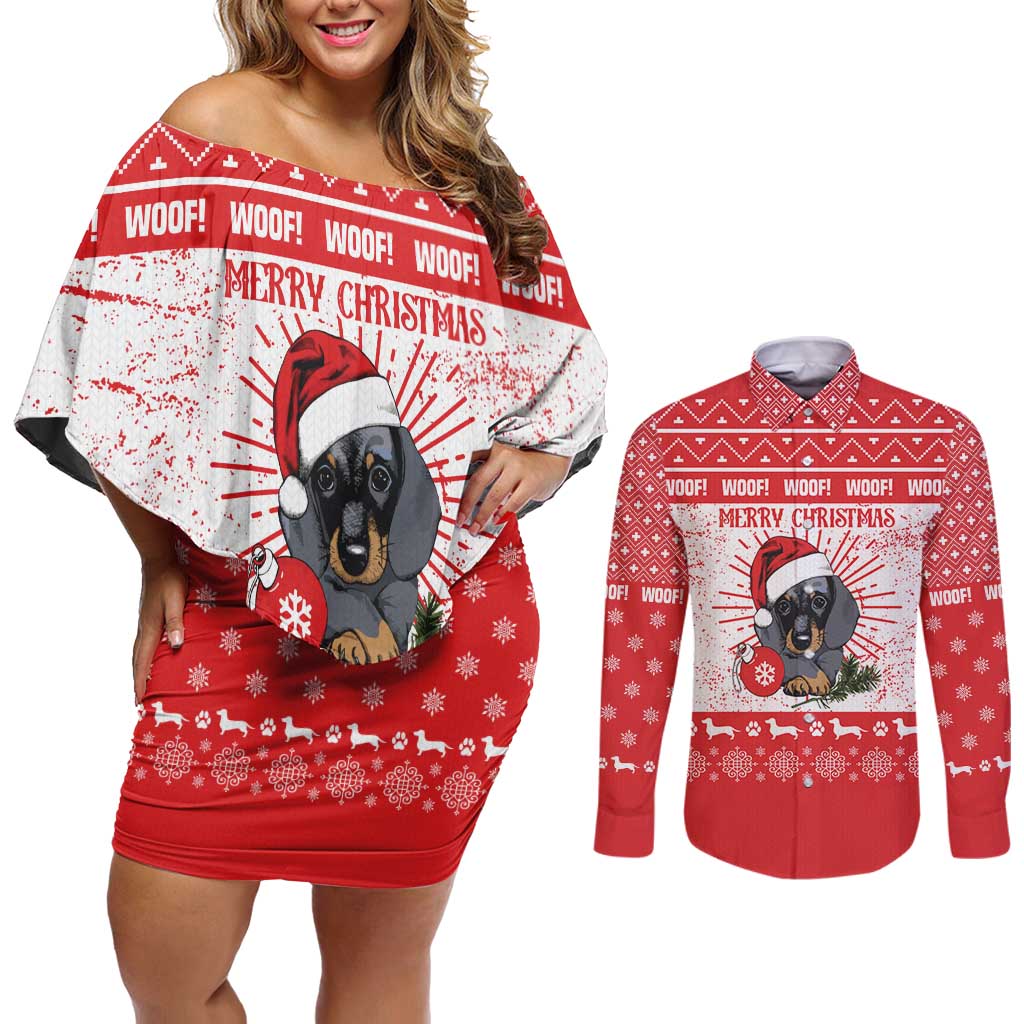 Christmas Dachshund Dog Couples Matching Off Shoulder Short Dress and Long Sleeve Button Shirt Santa Hat Woof Snowflake Paw Design - Wonder Print Shop