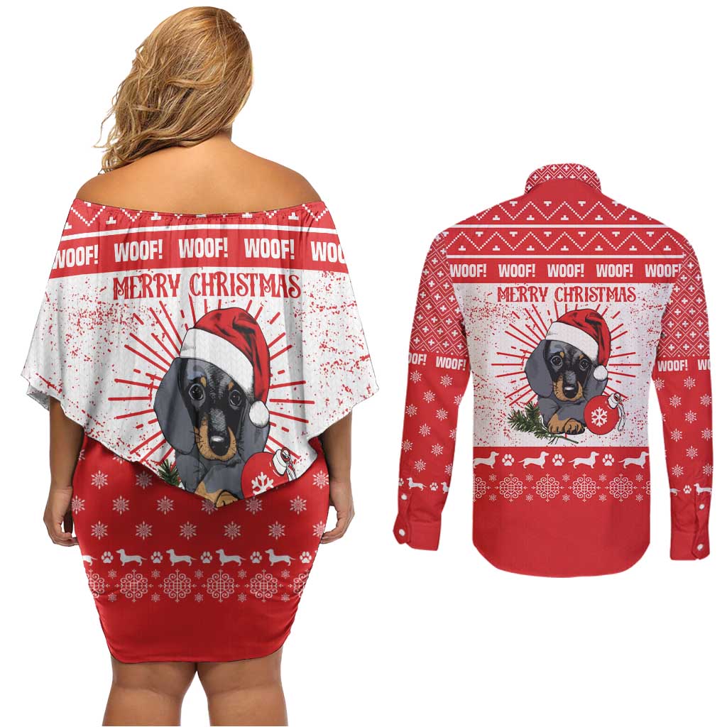 Christmas Dachshund Dog Couples Matching Off Shoulder Short Dress and Long Sleeve Button Shirt Santa Hat Woof Snowflake Paw Design - Wonder Print Shop