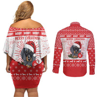 Christmas Dachshund Dog Couples Matching Off Shoulder Short Dress and Long Sleeve Button Shirt Santa Hat Woof Snowflake Paw Design - Wonder Print Shop