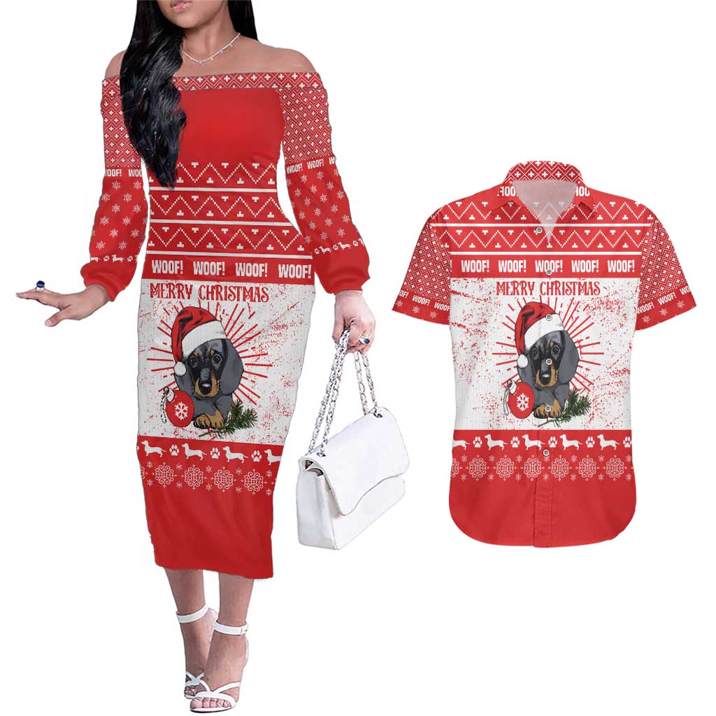 Christmas Dachshund Dog Couples Matching Off The Shoulder Long Sleeve Dress and Hawaiian Shirt Santa Hat Woof Snowflake Paw Design - Wonder Print Shop