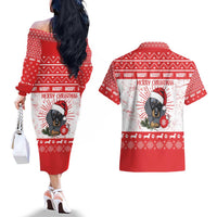 Christmas Dachshund Dog Couples Matching Off The Shoulder Long Sleeve Dress and Hawaiian Shirt Santa Hat Woof Snowflake Paw Design - Wonder Print Shop