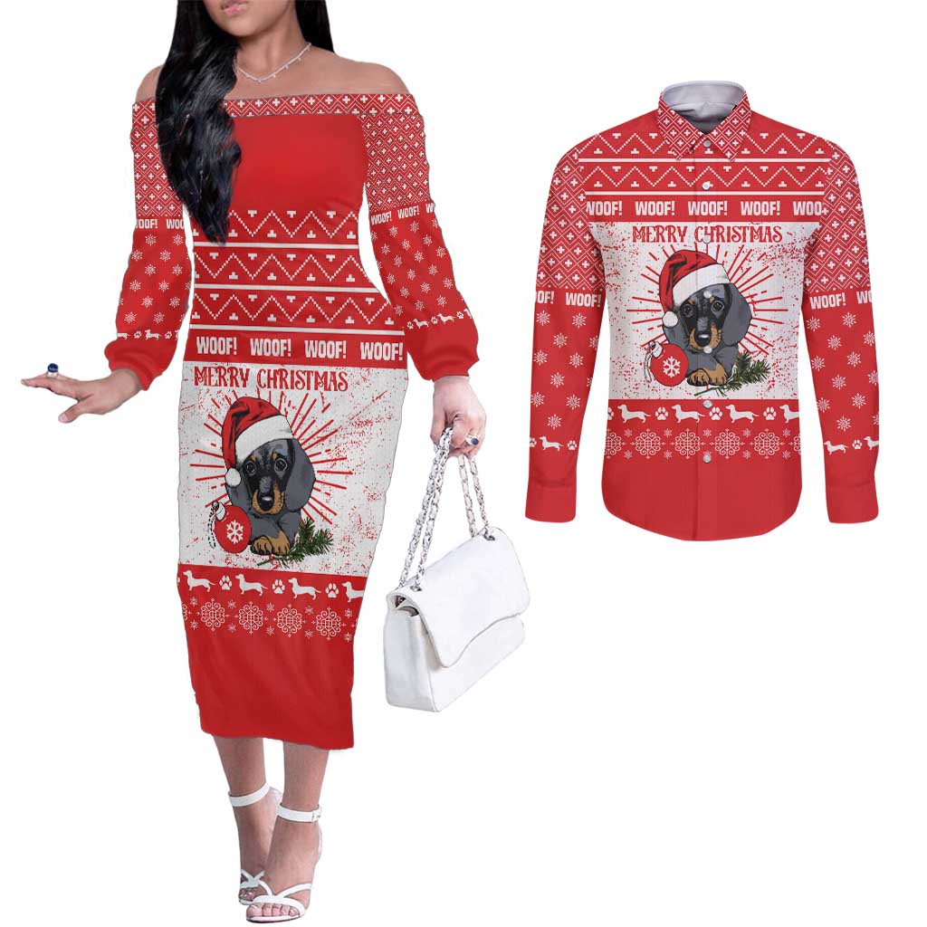 Christmas Dachshund Dog Couples Matching Off The Shoulder Long Sleeve Dress and Long Sleeve Button Shirt Santa Hat Woof Snowflake Paw Design - Wonder Print Shop