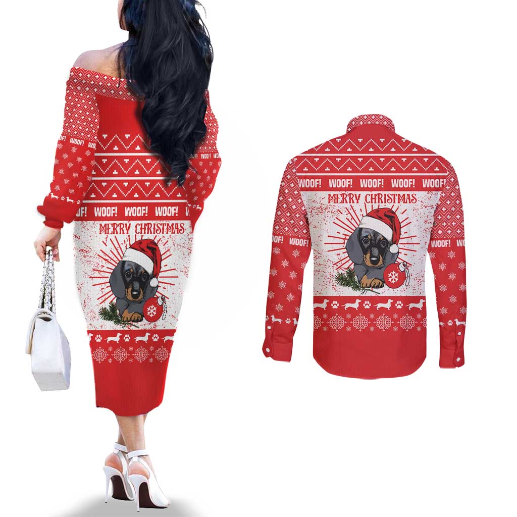 Christmas Dachshund Dog Couples Matching Off The Shoulder Long Sleeve Dress and Long Sleeve Button Shirt Santa Hat Woof Snowflake Paw Design - Wonder Print Shop