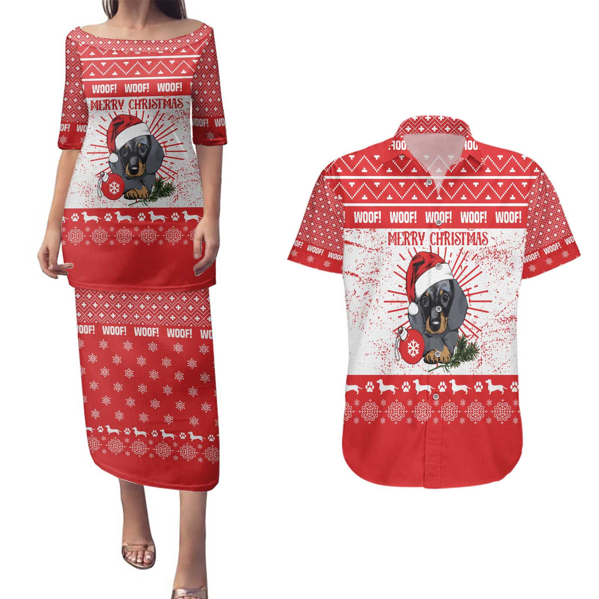 Christmas Dachshund Dog Couples Matching Puletasi and Hawaiian Shirt Santa Hat Woof Snowflake Paw Design - Wonder Print Shop