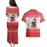 Christmas Dachshund Dog Couples Matching Puletasi and Hawaiian Shirt Santa Hat Woof Snowflake Paw Design - Wonder Print Shop