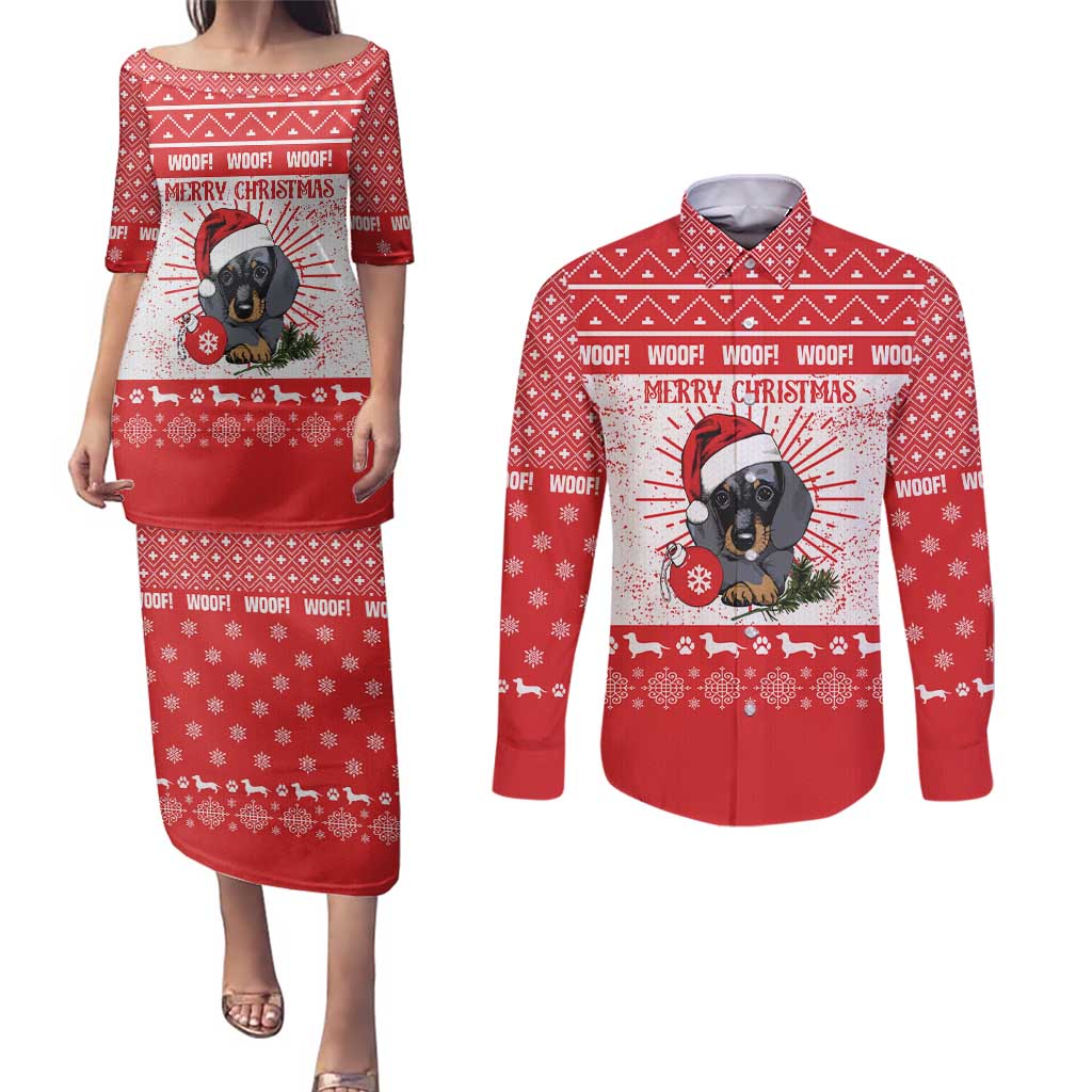 Christmas Dachshund Dog Couples Matching Puletasi and Long Sleeve Button Shirt Santa Hat Woof Snowflake Paw Design - Wonder Print Shop