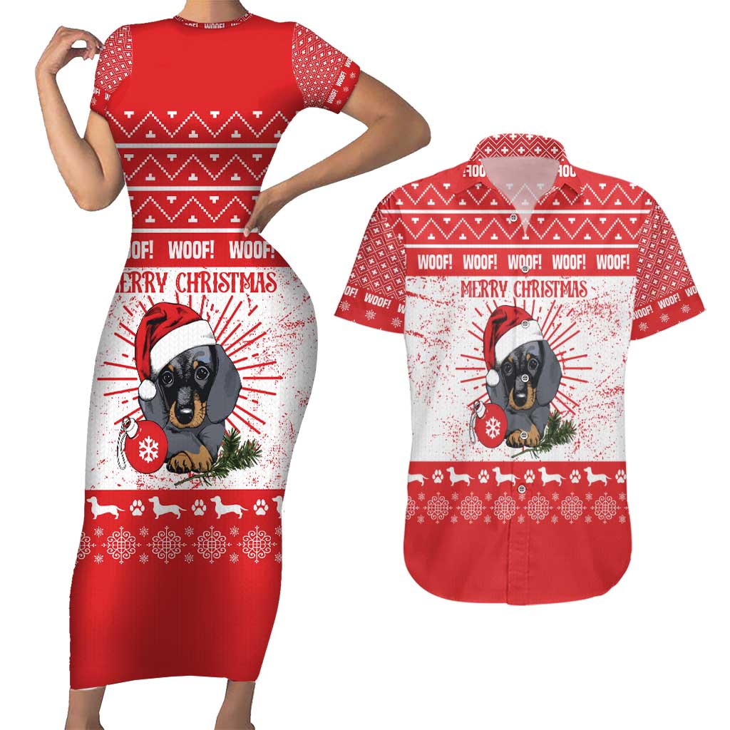 Christmas Dachshund Dog Couples Matching Short Sleeve Bodycon Dress and Hawaiian Shirt Santa Hat Woof Snowflake Paw Design - Wonder Print Shop