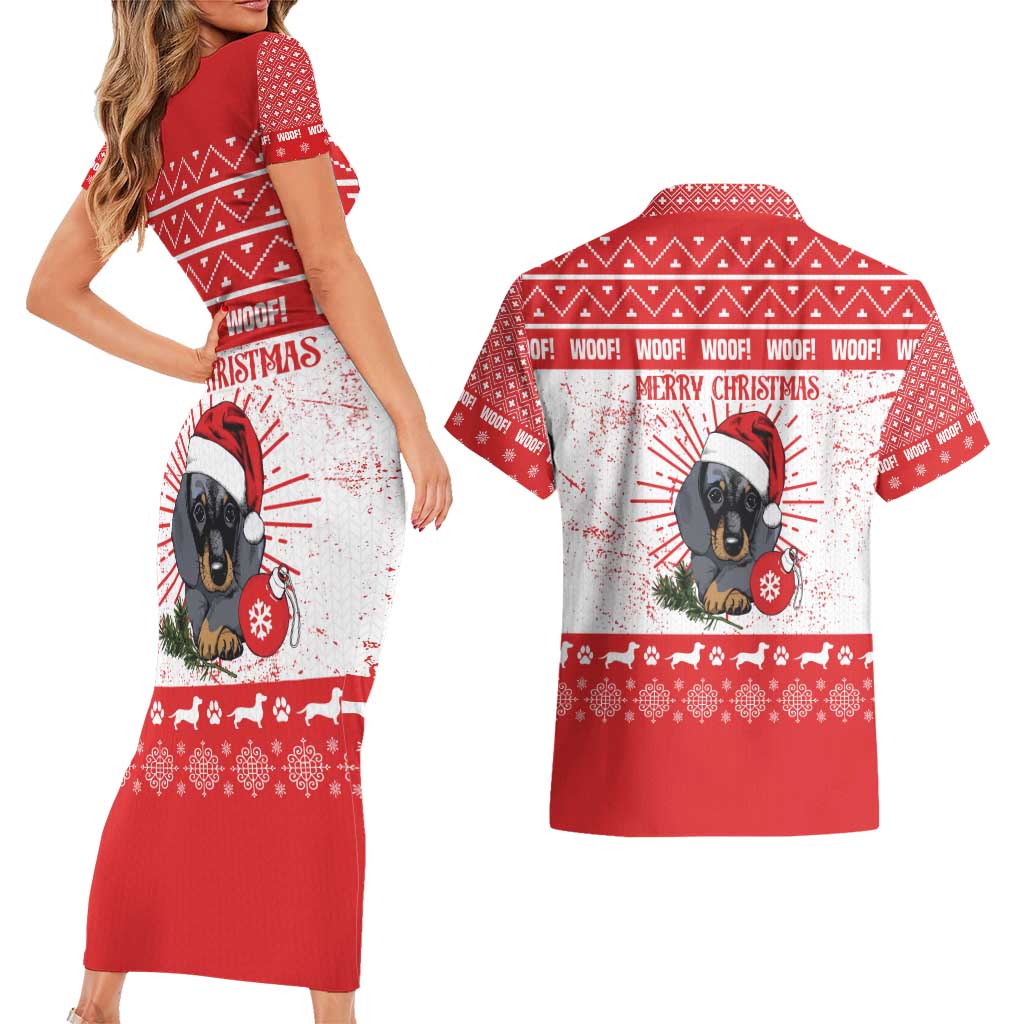 Christmas Dachshund Dog Couples Matching Short Sleeve Bodycon Dress and Hawaiian Shirt Santa Hat Woof Snowflake Paw Design - Wonder Print Shop