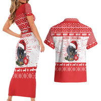 Christmas Dachshund Dog Couples Matching Short Sleeve Bodycon Dress and Hawaiian Shirt Santa Hat Woof Snowflake Paw Design - Wonder Print Shop