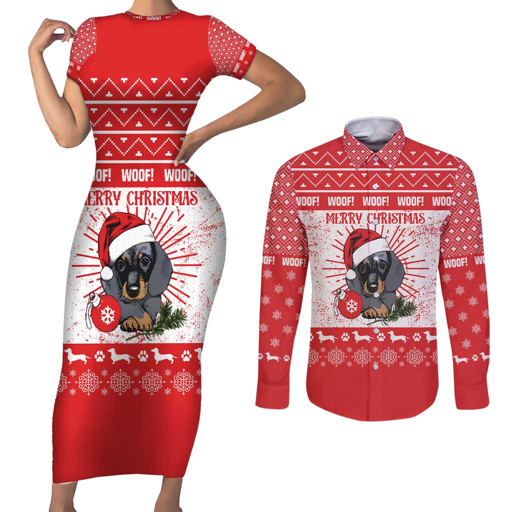 Christmas Dachshund Dog Couples Matching Short Sleeve Bodycon Dress and Long Sleeve Button Shirt Santa Hat Woof Snowflake Paw Design - Wonder Print Shop