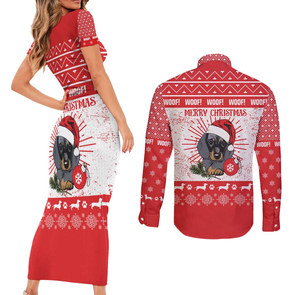 Christmas Dachshund Dog Couples Matching Short Sleeve Bodycon Dress and Long Sleeve Button Shirt Santa Hat Woof Snowflake Paw Design - Wonder Print Shop