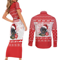 Christmas Dachshund Dog Couples Matching Short Sleeve Bodycon Dress and Long Sleeve Button Shirt Santa Hat Woof Snowflake Paw Design - Wonder Print Shop