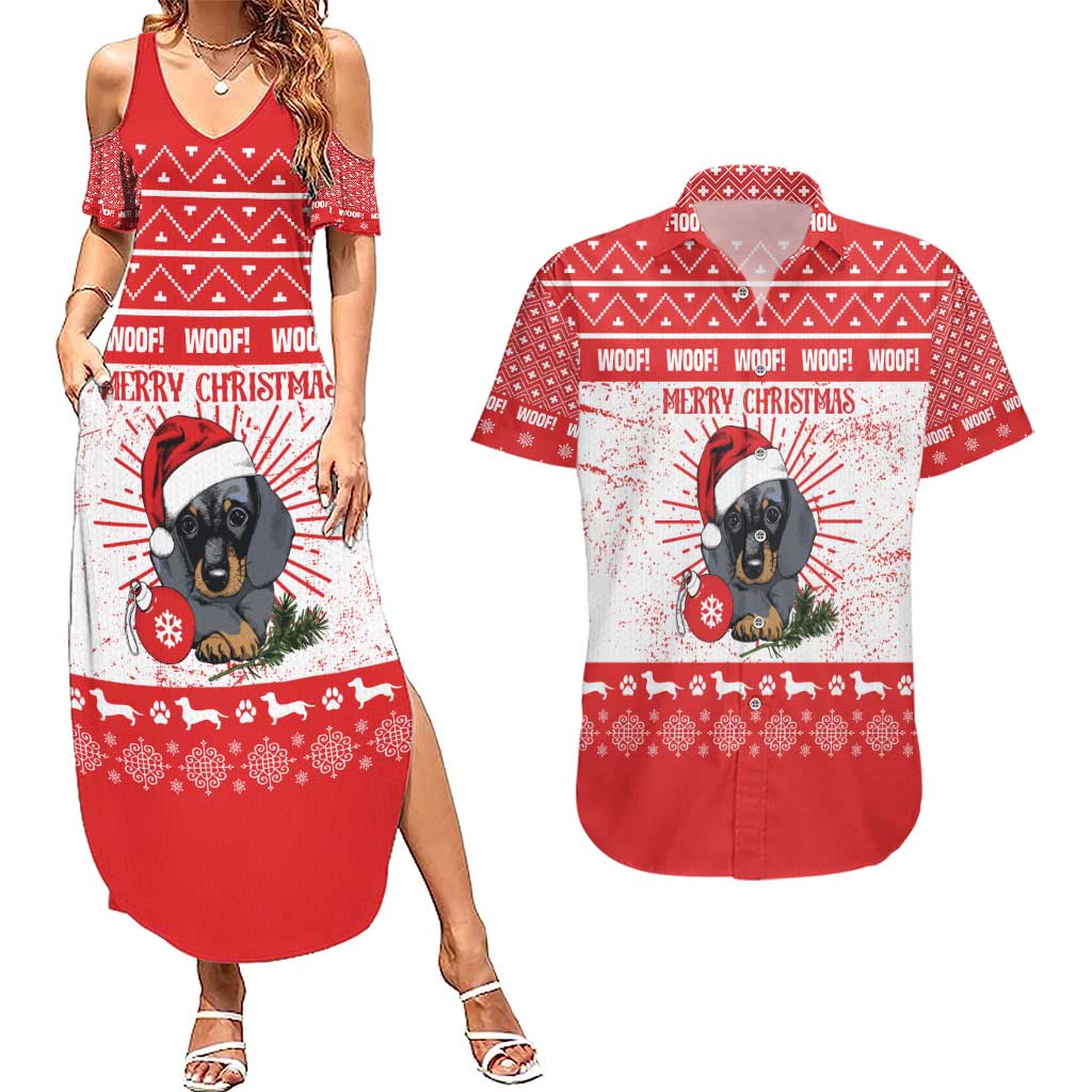 Christmas Dachshund Dog Couples Matching Summer Maxi Dress and Hawaiian Shirt Santa Hat Woof Snowflake Paw Design - Wonder Print Shop