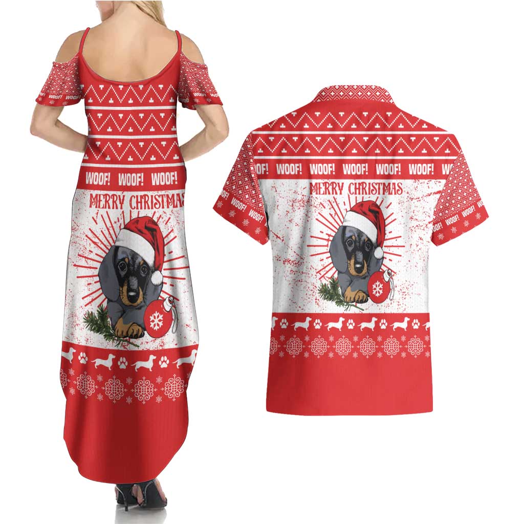 Christmas Dachshund Dog Couples Matching Summer Maxi Dress and Hawaiian Shirt Santa Hat Woof Snowflake Paw Design - Wonder Print Shop