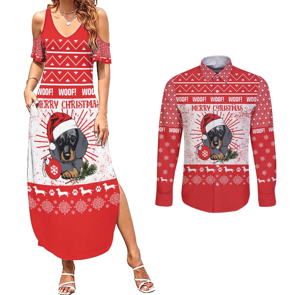 Christmas Dachshund Dog Couples Matching Summer Maxi Dress and Long Sleeve Button Shirt Santa Hat Woof Snowflake Paw Design - Wonder Print Shop