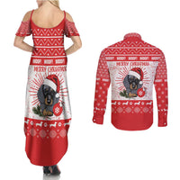 Christmas Dachshund Dog Couples Matching Summer Maxi Dress and Long Sleeve Button Shirt Santa Hat Woof Snowflake Paw Design - Wonder Print Shop