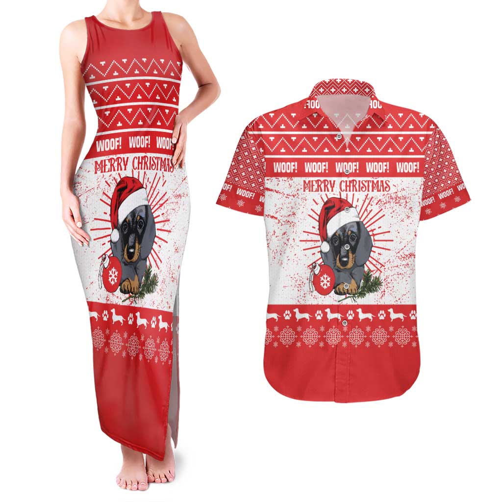 Christmas Dachshund Dog Couples Matching Tank Maxi Dress and Hawaiian Shirt Santa Hat Woof Snowflake Paw Design - Wonder Print Shop