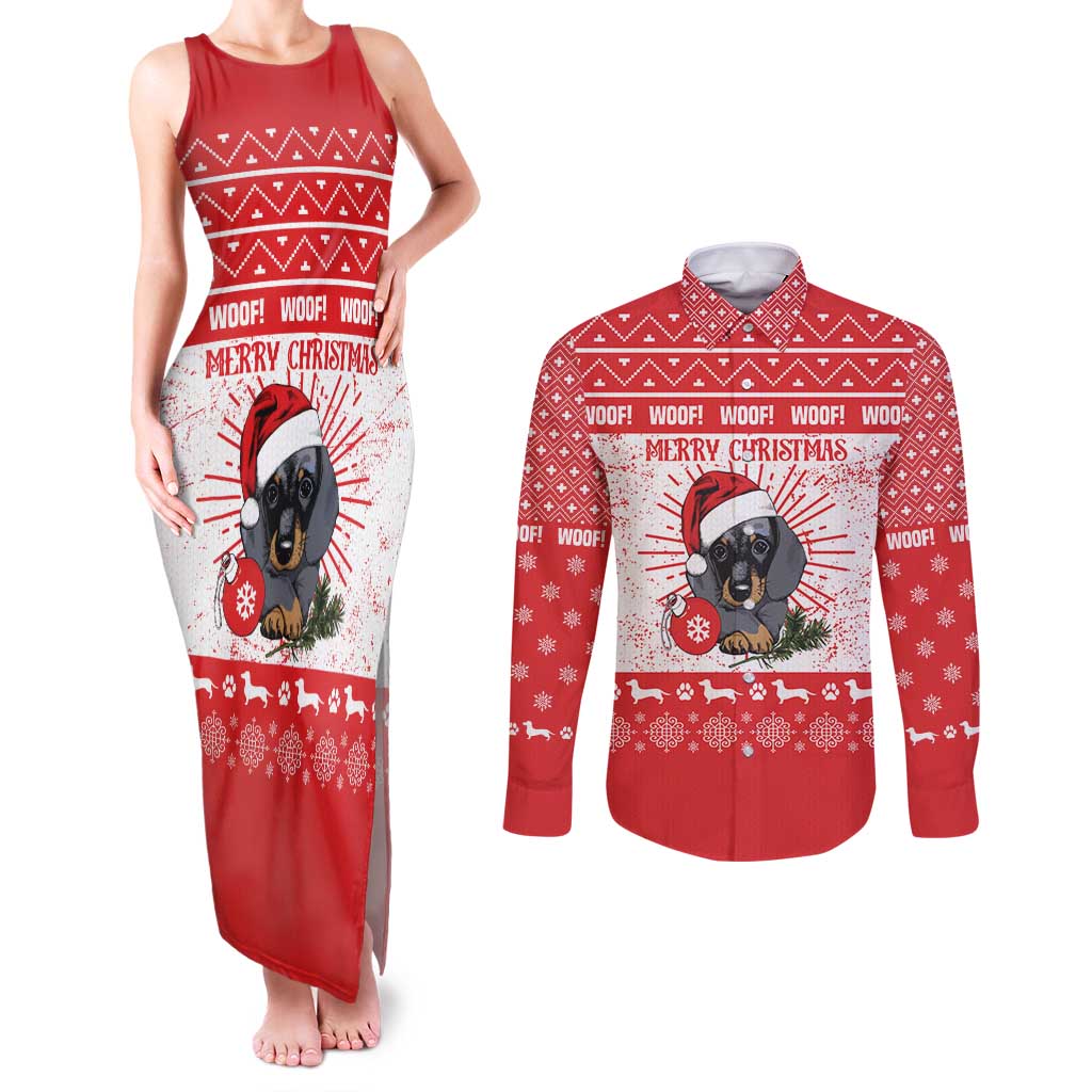 Christmas Dachshund Dog Couples Matching Tank Maxi Dress and Long Sleeve Button Shirt Santa Hat Woof Snowflake Paw Design - Wonder Print Shop