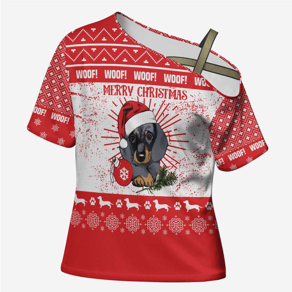 Christmas Dachshund Dog Cross Shoulder Shirt Santa Hat Woof Snowflake Paw Design - Wonder Print Shop