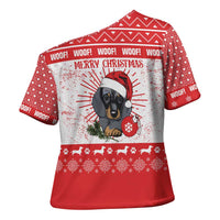 Christmas Dachshund Dog Cross Shoulder Shirt Santa Hat Woof Snowflake Paw Design - Wonder Print Shop