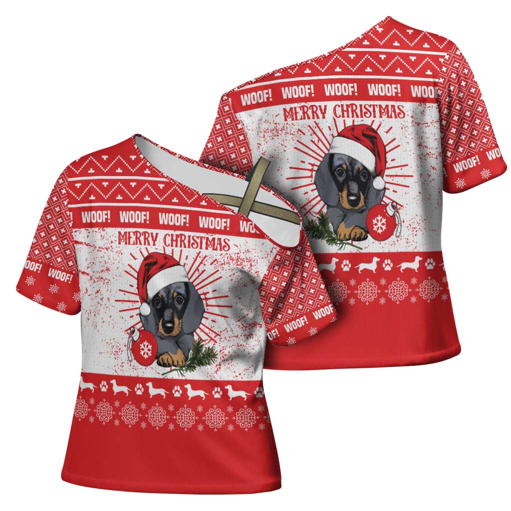 Christmas Dachshund Dog Cross Shoulder Shirt Santa Hat Woof Snowflake Paw Design - Wonder Print Shop