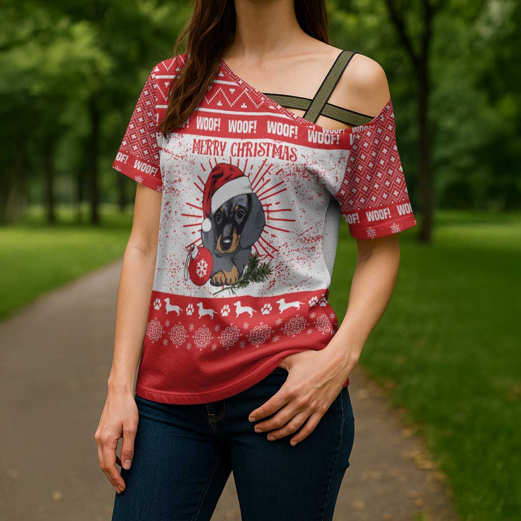 Christmas Dachshund Dog Cross Shoulder Shirt Santa Hat Woof Snowflake Paw Design - Wonder Print Shop