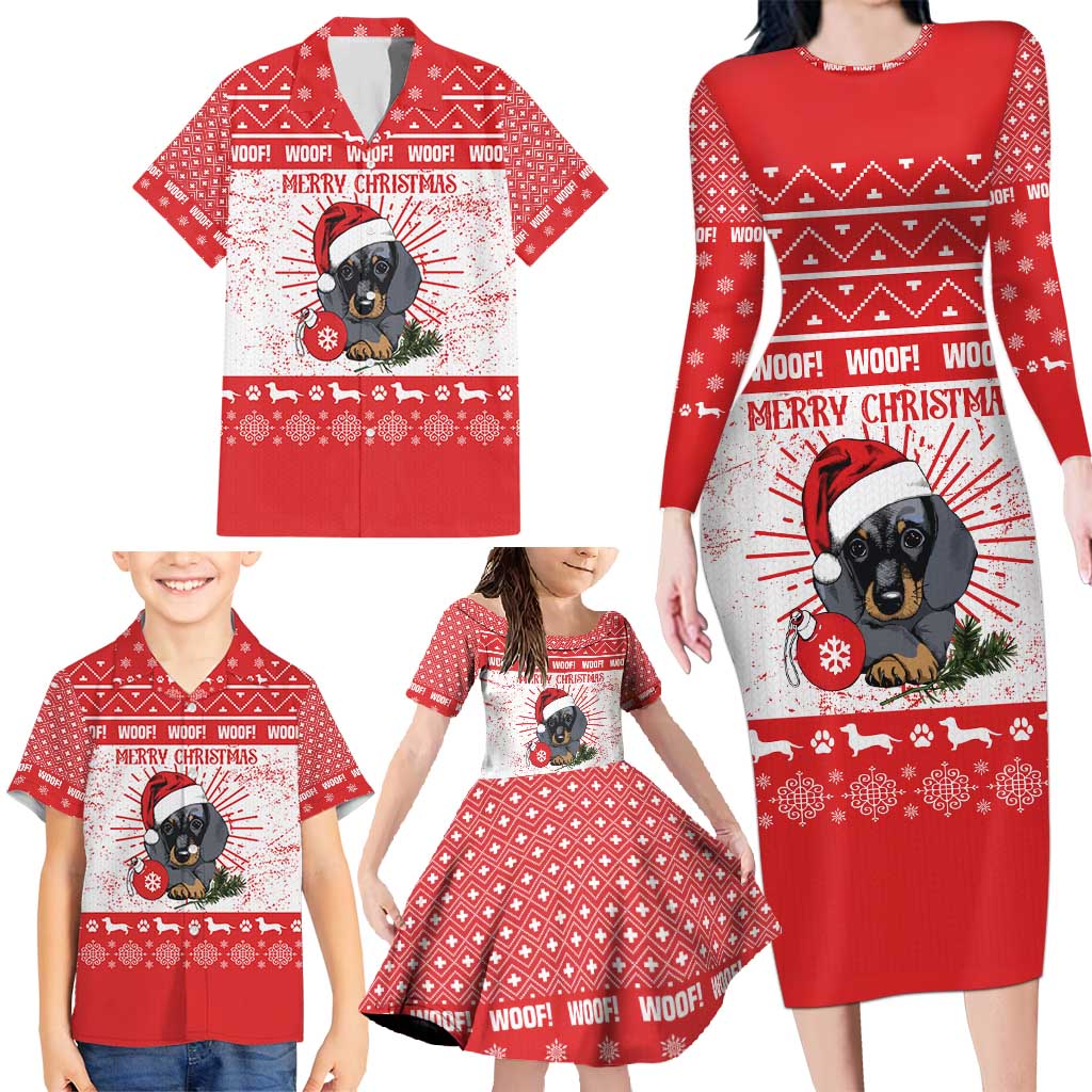 Christmas Dachshund Dog Family Matching Long Sleeve Bodycon Dress and Hawaiian Shirt Santa Hat Woof Snowflake Paw Design - Wonder Print Shop