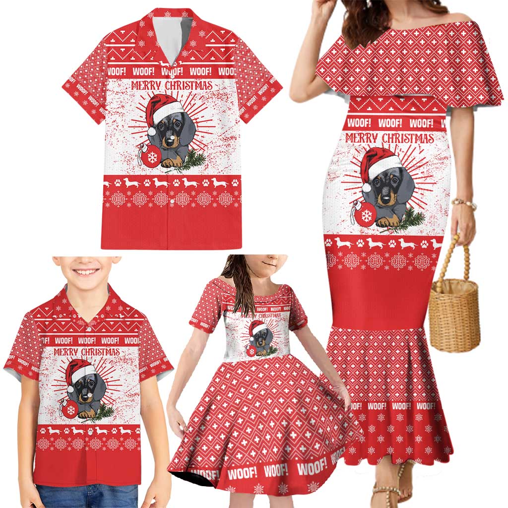 Christmas Dachshund Dog Family Matching Mermaid Dress and Hawaiian Shirt Santa Hat Woof Snowflake Paw Design - Wonder Print Shop