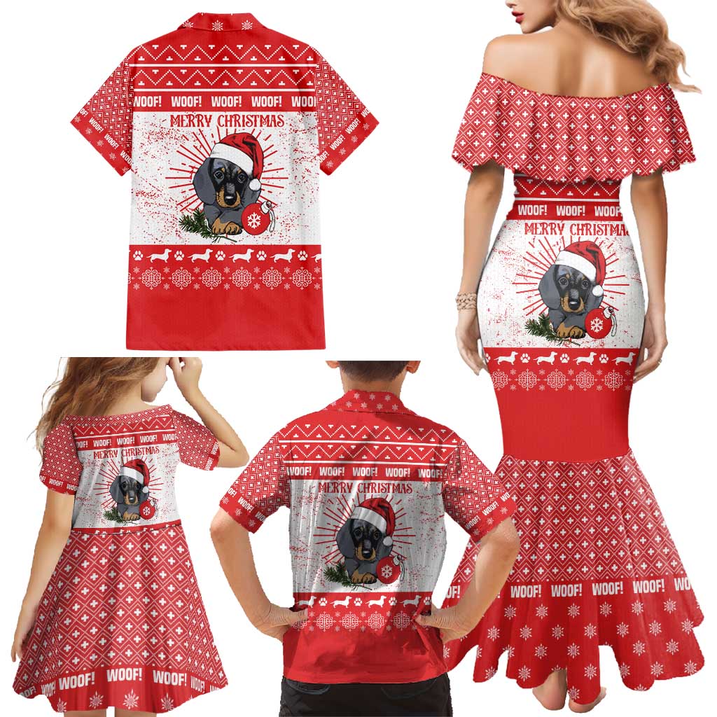 Christmas Dachshund Dog Family Matching Mermaid Dress and Hawaiian Shirt Santa Hat Woof Snowflake Paw Design - Wonder Print Shop