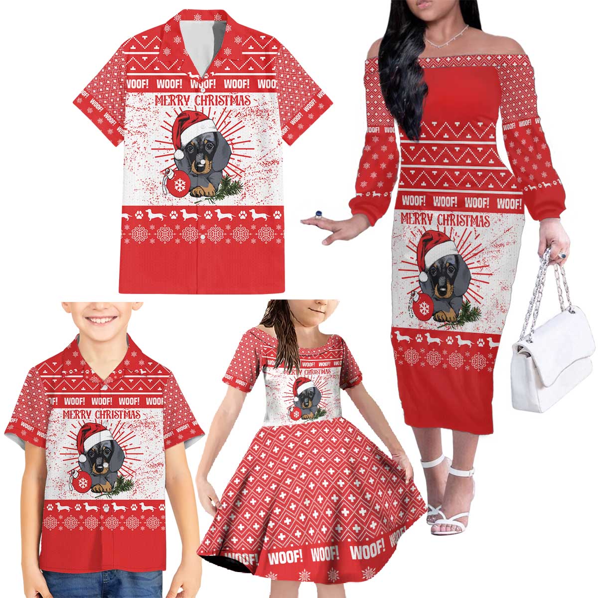 Christmas Dachshund Dog Family Matching Off The Shoulder Long Sleeve Dress and Hawaiian Shirt Santa Hat Woof Snowflake Paw Design - Wonder Print Shop
