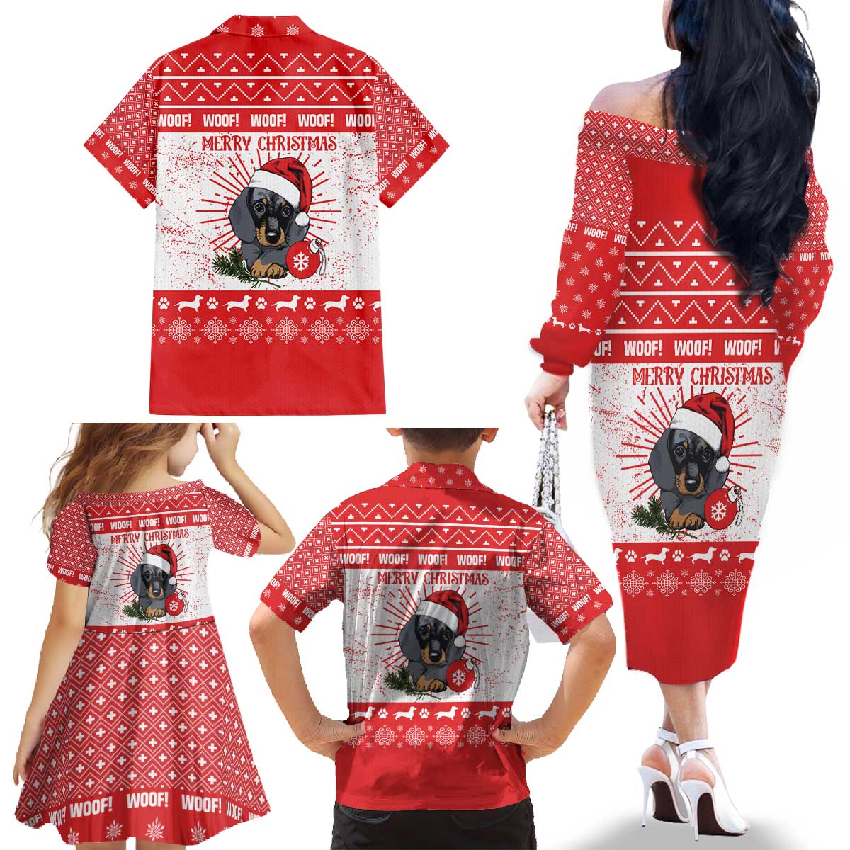 Christmas Dachshund Dog Family Matching Off The Shoulder Long Sleeve Dress and Hawaiian Shirt Santa Hat Woof Snowflake Paw Design - Wonder Print Shop