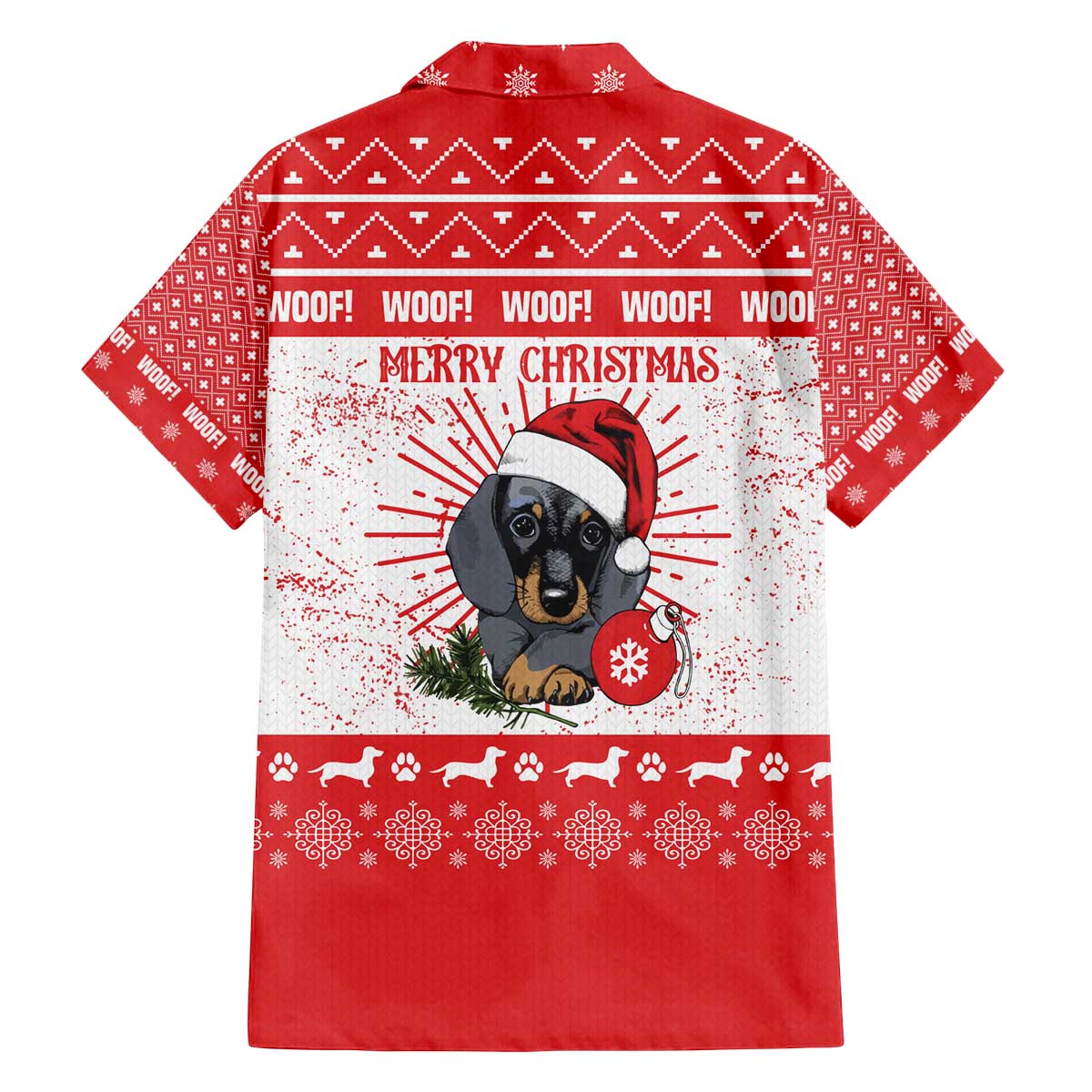 Christmas Dachshund Dog Family Matching Off The Shoulder Long Sleeve Dress and Hawaiian Shirt Santa Hat Woof Snowflake Paw Design - Wonder Print Shop