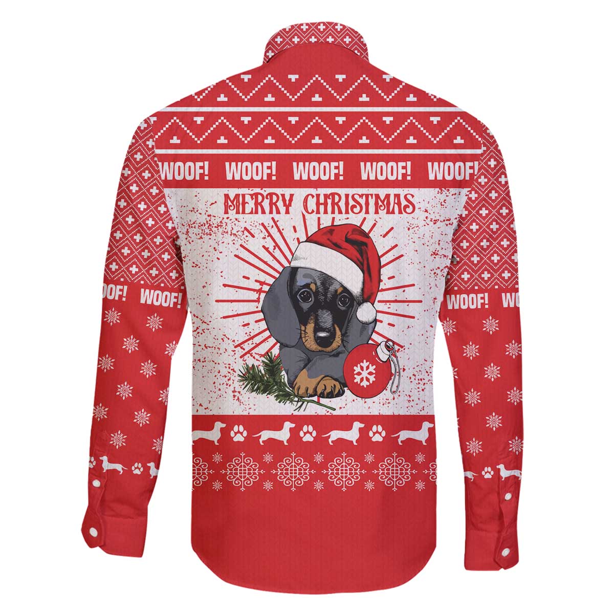Christmas Dachshund Dog Family Matching Off The Shoulder Long Sleeve Dress and Hawaiian Shirt Santa Hat Woof Snowflake Paw Design - Wonder Print Shop