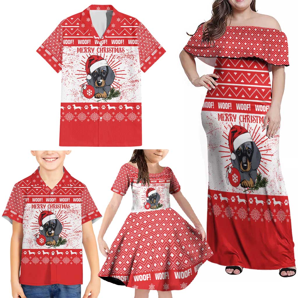 Christmas Dachshund Dog Family Matching Off Shoulder Maxi Dress and Hawaiian Shirt Santa Hat Woof Snowflake Paw Design - Wonder Print Shop