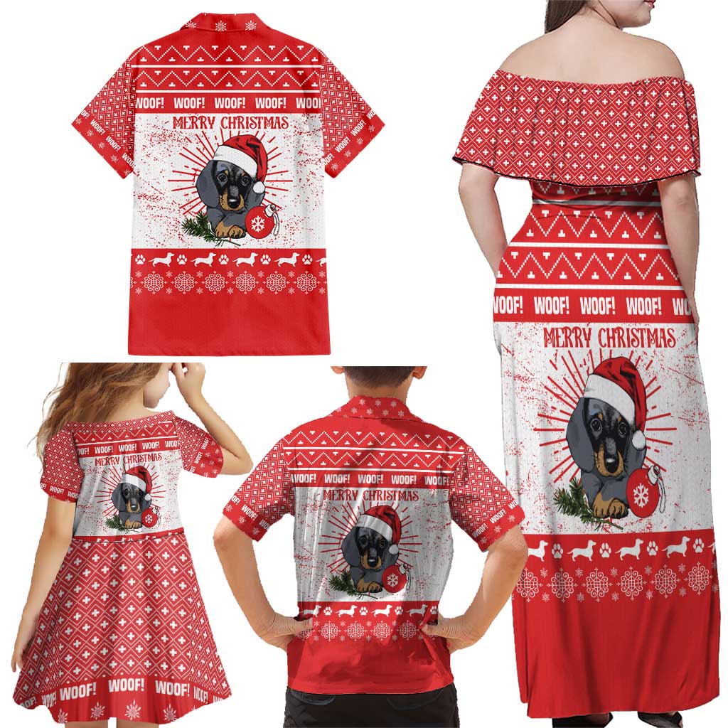 Christmas Dachshund Dog Family Matching Off Shoulder Maxi Dress and Hawaiian Shirt Santa Hat Woof Snowflake Paw Design - Wonder Print Shop