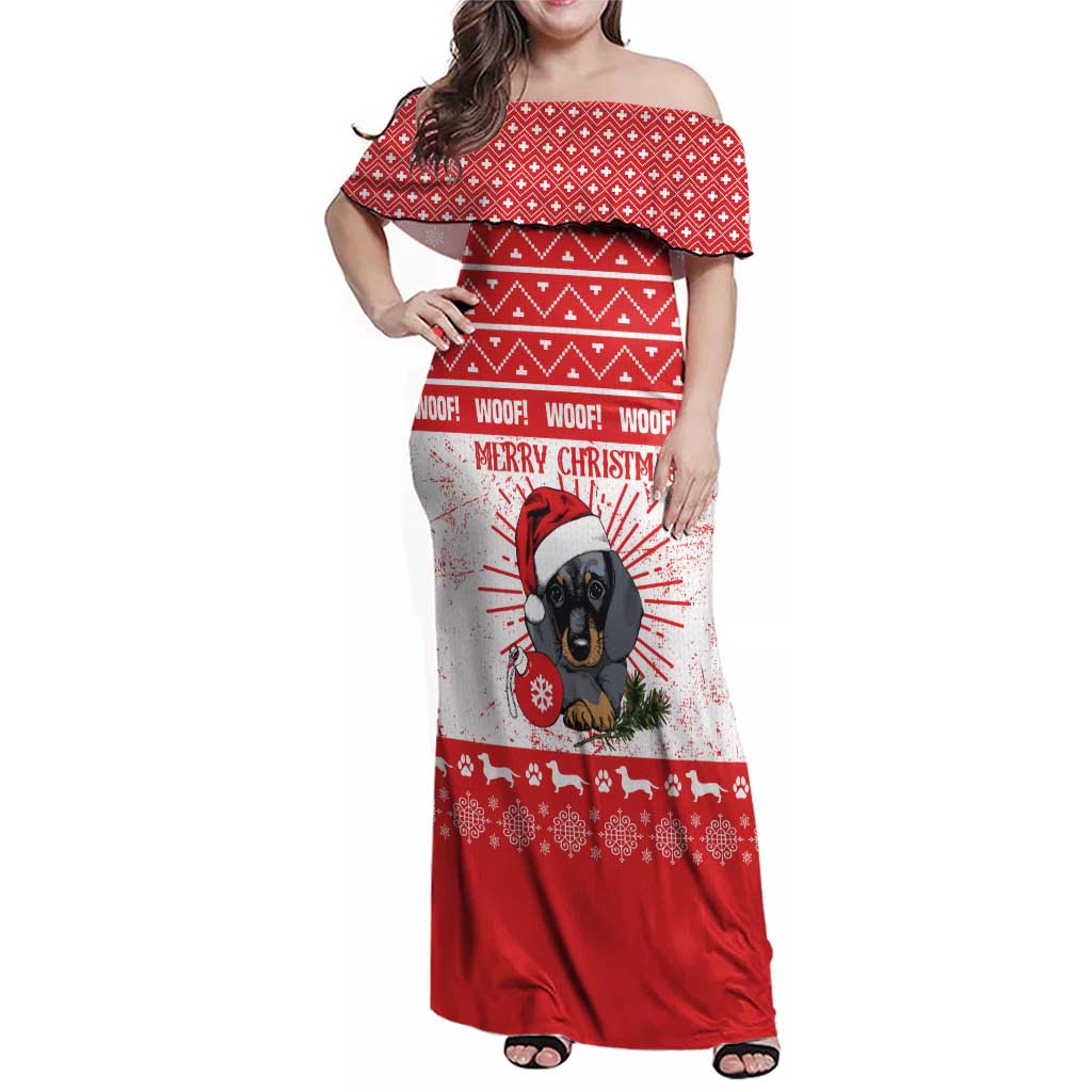 Christmas Dachshund Dog Family Matching Off Shoulder Maxi Dress and Hawaiian Shirt Santa Hat Woof Snowflake Paw Design - Wonder Print Shop
