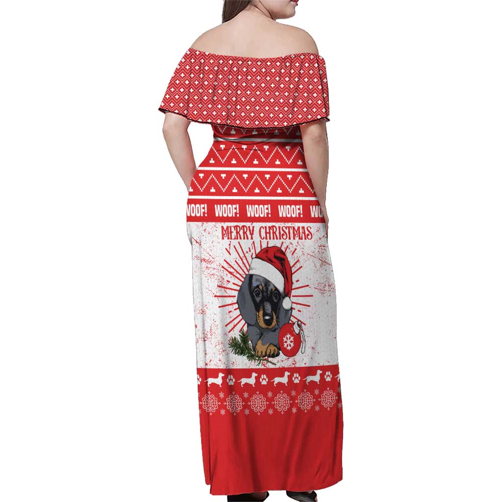 Christmas Dachshund Dog Family Matching Off Shoulder Maxi Dress and Hawaiian Shirt Santa Hat Woof Snowflake Paw Design - Wonder Print Shop