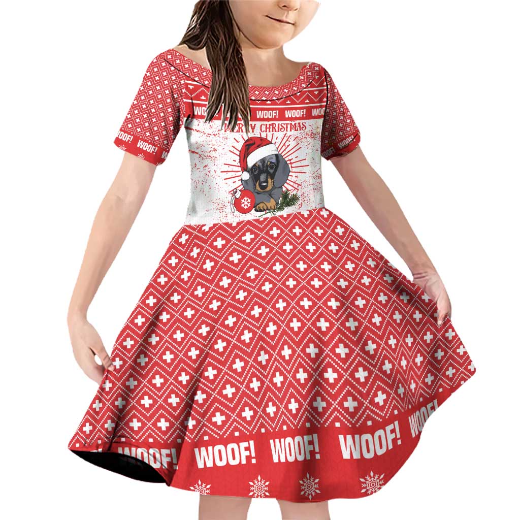 Christmas Dachshund Dog Family Matching Off Shoulder Short Dress and Hawaiian Shirt Santa Hat Woof Snowflake Paw Design - Wonder Print Shop