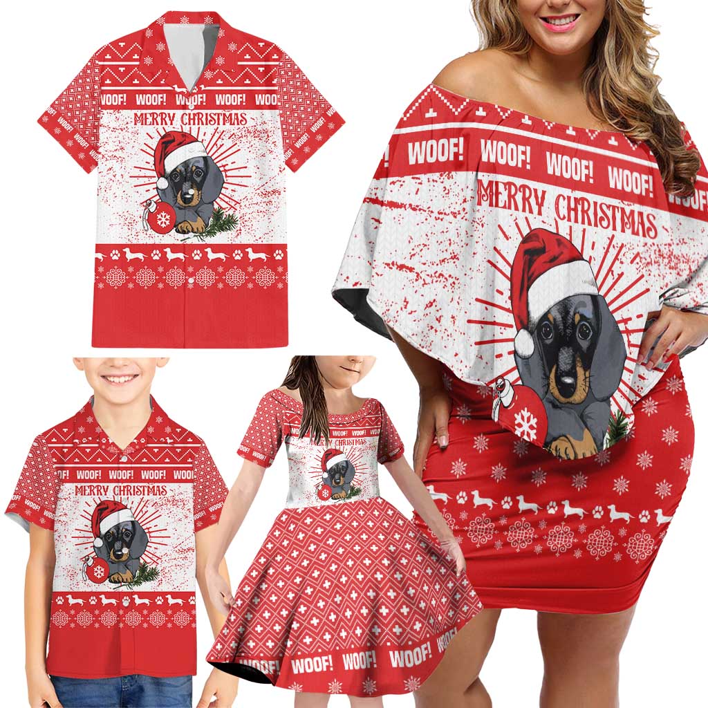 Christmas Dachshund Dog Family Matching Off Shoulder Short Dress and Hawaiian Shirt Santa Hat Woof Snowflake Paw Design - Wonder Print Shop