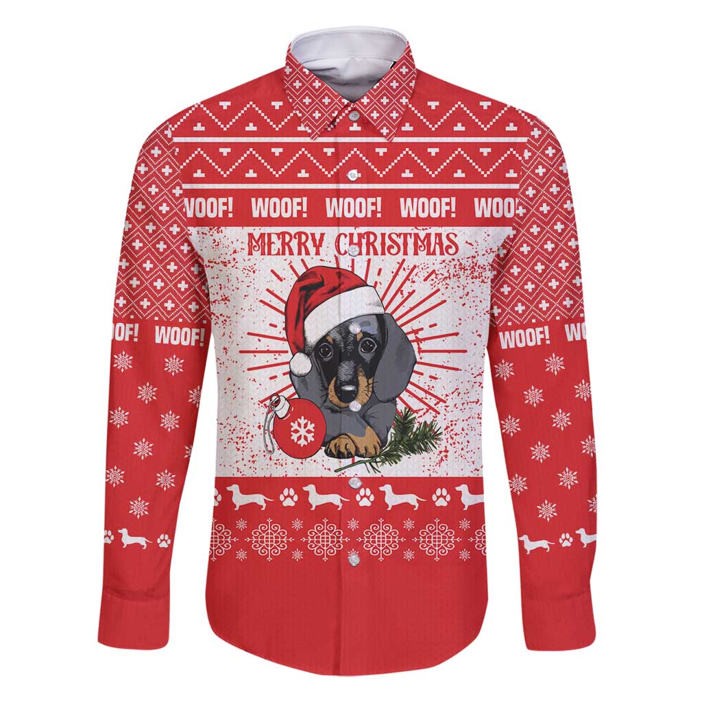 Christmas Dachshund Dog Family Matching Off Shoulder Short Dress and Hawaiian Shirt Santa Hat Woof Snowflake Paw Design - Wonder Print Shop
