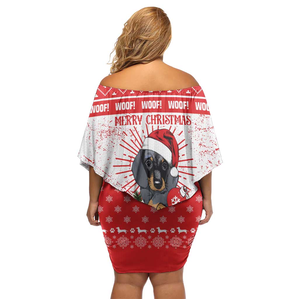 Christmas Dachshund Dog Family Matching Off Shoulder Short Dress and Hawaiian Shirt Santa Hat Woof Snowflake Paw Design - Wonder Print Shop