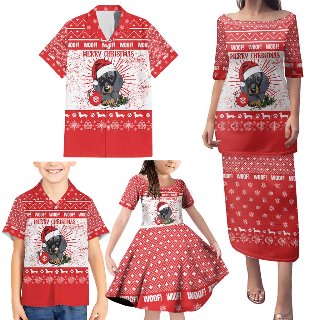 Christmas Dachshund Dog Family Matching Puletasi and Hawaiian Shirt Santa Hat Woof Snowflake Paw Design - Wonder Print Shop